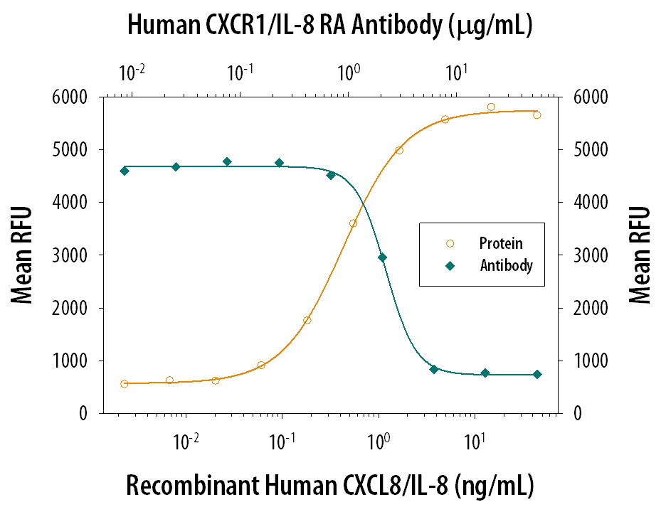 Recombinant Human CXCL8/IL-8 (Catalog # 208-IL) chemoattracts the BaF3 mouse pro-B cell line transfected with human CXCR1 in a dose-dependent manner (orange line). The amount of cells that migrated through to the lower chemotaxis chamber was measured by Resazurin (Catalog # AR002). Chemotaxis elicited by Recombinant Human CXCL8/IL-8 (1 ng/mL) is neutralized (green line) by increasing concentrations of Mouse Anti-Human CXCR1/IL-8 RA Monoclonal Antibody (Catalog # MAB330). The ND50 is typically 0.4-2.0 µg/mL.