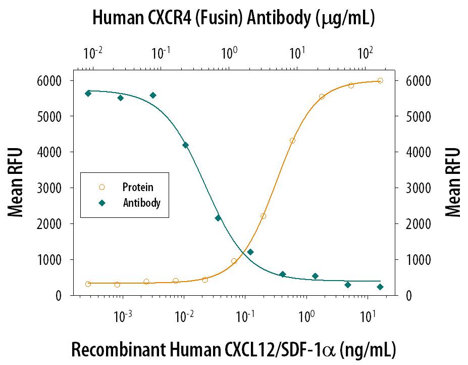 Recombinant Human/Feline/Rhesus Macaque CXCL12/SDF-1a (Catalog # 350-NS) chemoattracts the BaF3 mouse pro-B cell line transfected with human CXCR4 in a dose-dependent manner (orange line). The amount of cells that migrated through to the lower chemotaxis chamber was measured by Resazurin (Catalog # AR002). Chemotaxis elicited by Recombinant Human/Feline/Rhesus Macaque CXCL12/SDF-1a (1 ng/mL) is neutralized (green line) by increasing concentrations of Human CXCR4 Monoclonal Antibody (Catalog # MAB171). The ND50 is typically 0.2-1.2 µg/mL.