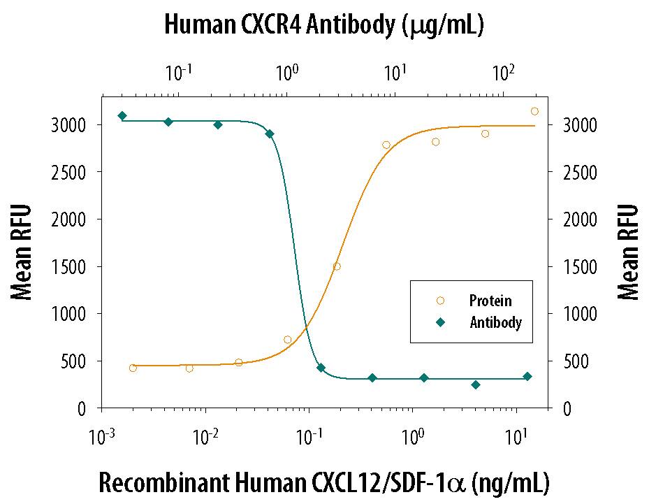 Recombinant Human/Feline/Rhesus Macaque CXCL12/SDF-1a (Catalog # 350-NS) chemoattracts the BaF3 mouse pro-B cell line transfected with human CXCR4 in a dose-dependent manner (orange line). The amount of cells that migrated through to the lower chemotaxis chamber was measured by Resazurin (Catalog # AR002). Chemotaxis elicited by Recombinant Human/Feline/Rhesus Macaque CXCL12/SDF-1a (1 ng/mL) is neutralized (green line) by increasing concentrations of Mouse Anti-Human CXCR4 Monoclonal Antibody (Catalog # MAB173). The ND50 is typically 1-5 µg/mL.