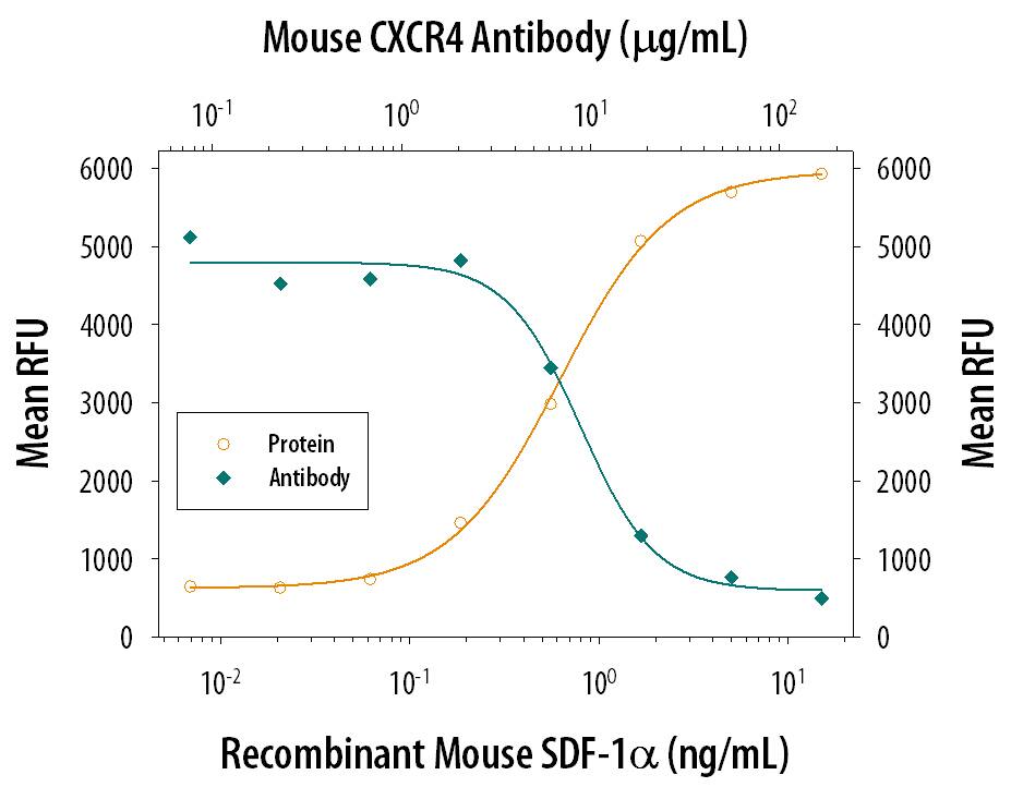 Recombinant Mouse CXCL12/SDF-1a (Catalog # 460-SD) chemo-attracts the BaF3 mouse pro-B cell line transfected with mouse CXCR4 in a dose-dependent manner (orange line). The amount of cells that migrated through to the lower chemotaxis chamber was measured by Resazurin (Catalog # AR002). Chemotaxis elicited by Recombinant Mouse CXCL12/ SDF-1a (10 ng/mL) is neutral-ized (green line) by increasing concentrations of Rat Anti-Mouse CXCR4 Monoclonal Antibody (Catalog # MAB21651). The ND50 is typically 8-40 µg/mL.