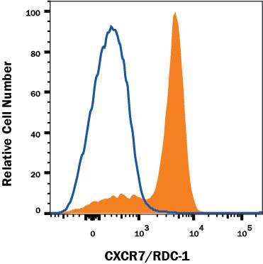 Human peripheral blood monocytes were stained with Mouse Anti-Human CXCR7/RDC-1 Monoclonal Antibody (Catalog # MAB4227R, filled histogram) or isotype control antibody (Catalog # MAB003, open histogram), followed by APC-conjugated Anti-Mouse IgG F(ab')2 Secondary Antibody (Catalog # F0101B). View our protocol for Staining Membrane-associated Proteins.