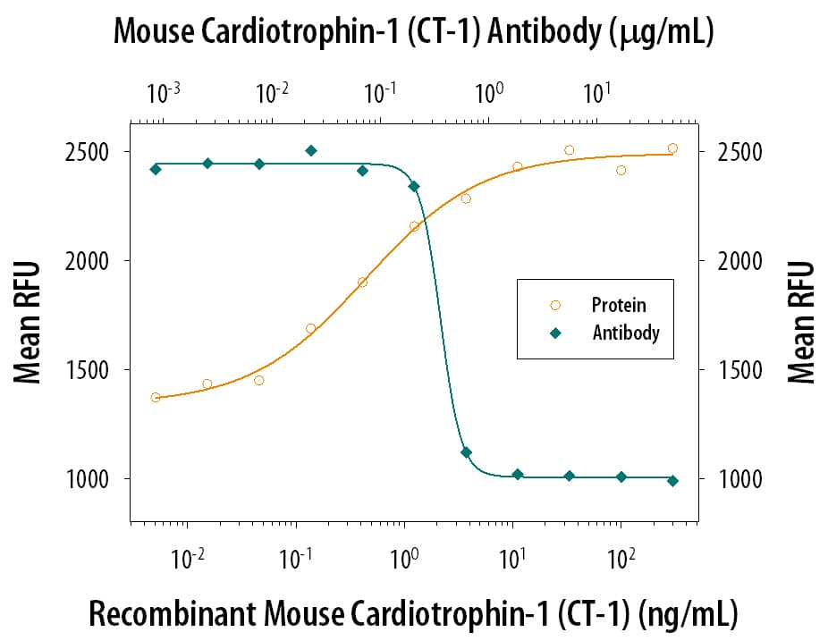 Recombinant Mouse Cardiotrophin-1/CT-1 (Catalog # 438-CT) stimulates proliferation in the TF-1 human erythroleukemic cell line in a dose-dependent manner (orange line). Proliferation elicited by Recombinant Mouse Cardiotrophin-1/CT-1 (10 ng/mL) is neutralized (green line) by increasing concentrations of Goat Anti-Mouse Cardiotrophin-1/CT-1 Antigen Affinity-purified Polyclonal Antibody (Catalog # AF438). The ND50 is typically 0.08-0.48 µg/mL.