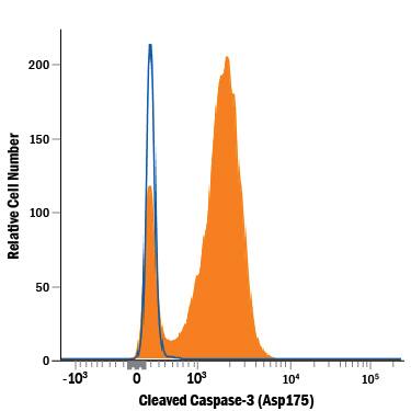 Jurkat human acute T cell leukemia cell line untreated (open histogram) or treated with 3 µM Staurosporine for 3 hours (filled histogram) was stained with Rabbit Anti-Human/Mouse Caspase-3 Alexa Fluor® 488-conjugated Monoclonal Antibody (Catalog # IC835G, filled histogram). To facilitate intracellular staining, cells were fixed with Flow Cytometry Fixation Buffer (Catalog # FC004) and permeabilized with 90% methanol. View our protocol for Staining Intracellular Molecules.