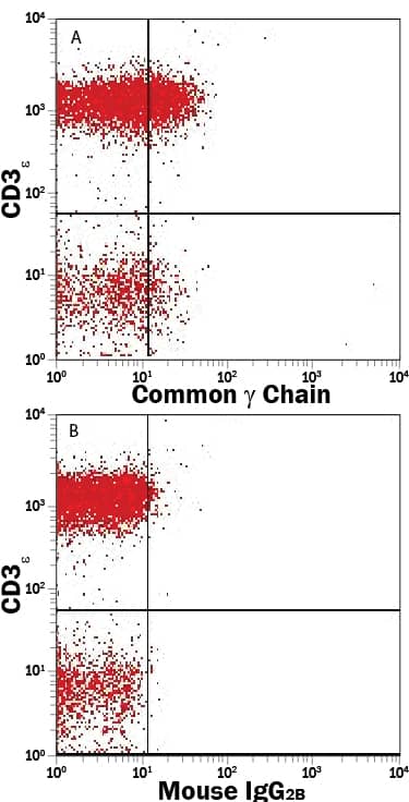 Human peripheral blood lymphocytes were stained with Mouse Anti-Human CD3e PE-conjugated Monoclonal Antibody (Catalog # FAB100P) and either (A) Mouse Anti-Human Common gamma Chain/IL-2 R gamma APC-conjugated Monoclonal Antibody (Catalog # FAB2842A) or (B) Mouse IgG2BAllophycocyanin Isotype Control (Catalog # IC0041A). View our protocol for Staining Membrane-associated Proteins.