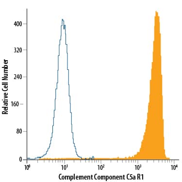 Human peripheral blood granulocytes were stained with Mouse Anti-Human Complement Component C5a R1 PE‑conjugated Monoclonal Antibody (Catalog # FAB3648P, filled histogram) or isotype control antibody (Catalog # IC003P, open histogram). View our protocol for Staining Membrane-associated Proteins.