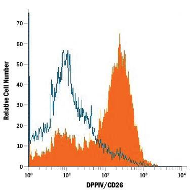 Mouse splenocytes were stained with Rat Anti-Mouse DPPIV/CD26 Monoclonal Antibody (Catalog # MAB9541, filled histogram) or isotype control antibody (Catalog # MAB006, open histogram), followed by Phycoerythrin-conjugated Anti-Rat IgG Secondary Antibody (Catalog # F0105B).