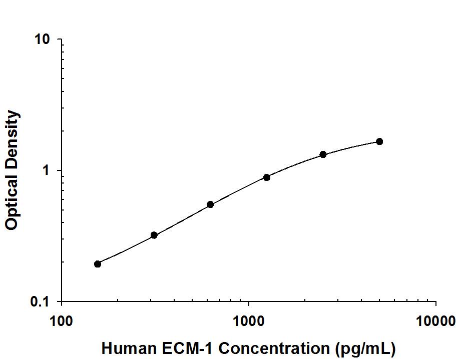 Recombinant human ECM-1 protein was serially diluted 2-fold and captured by Mouse Anti-Human ECM-1 Monoclonal Antibody (Catalog # MAB39371) coated on a Clear Polystyrene Microplate (Catalog # DY990). Mouse Anti-Human ECM-1 Monoclonal Antibody (Catalog # MAB3937) was biotinylated and incubated with the protein captured on the plate. Detection of the standard curve was achieved by incubating Streptavidin-HRP (Catalog # DY998) followed by Substrate Solution (Catalog # DY999) and stopping the enzymatic reaction with Stop Solution (Catalog # DY994).
