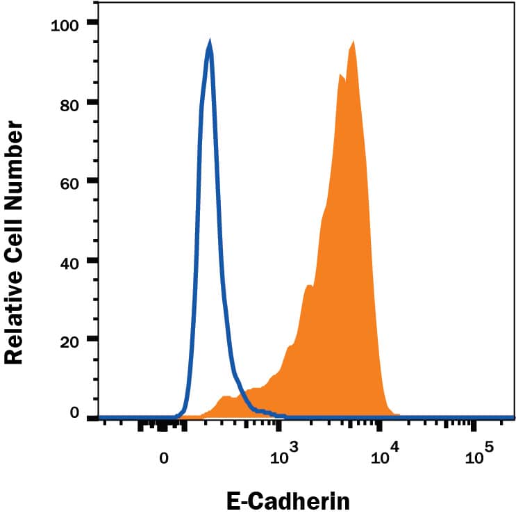 MCF-7 human breast cancer cell line was stained with Mouse Anti-Human E-Cadherin Alexa Fluor® 488-conjugated Monoclonal Antibody (Catalog # FAB18381G, filled histogram) or isotype control antibody (Catalog # IC0041G, open histogram). Cells were stained in a buffer containing Ca2+and Mg2+. View our protocol for Staining Membrane-associated Proteins.