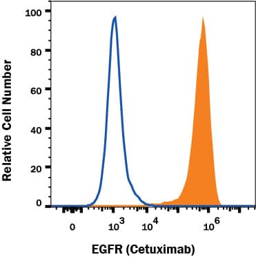 A431 human epithelial carcinoma cell line was stained with Human Anti-Human EGFR (Research Grade Cetuximab Biosimilar) PE‑conjugated Monoclonal Antibody (Catalog # FAB9577P, filled histogram) or unstained cells (open histogram).View our protocol for Staining Membrane-associated Proteins.