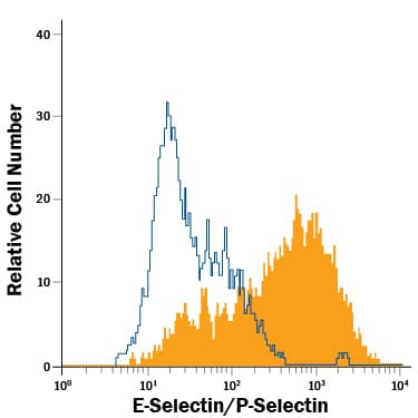 HUVEC human umbilical vein endothelial cells stained with TNF-a was stained with Mouse Anti-Human E-Selectin/P-Selectin (CD62E/P) Fluorescein-conjugated Monoclonal Antibody (Catalog # FAB6169F, filled histogram) or isotype control antibody (Catalog # IC002F, open histogram). View our protocol for Staining Membrane-associated Proteins.