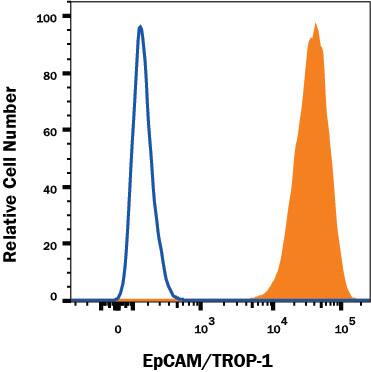 MCF‑7 human breast cancer cell line was stained with Goat Anti-Human EpCAM/TROP‑1 PE‑conjugated Antigen Affinity-purified Polyclonal Antibody (Catalog # FAB960P, filled histogram) or isotype control antibody (Catalog # IC108P, open histogram). View our protocol for Staining Membrane-associated Proteins.