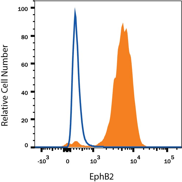 COLO 205 human colorectal adenocarcinoma cell line was stained with Goat Anti-Human/Mouse EphB2 Antigen Affinity-purified Polyclonal Antibody (Catalog # AF467, filled histogram) or isotype control antibody (Catalog # AB-108-C, open histogram), followed by Phycoerythrin-conjugated Anti-Goat IgG Secondary Antibody (Catalog # F0107). View our protocol for Staining Membrane-associated Proteins.