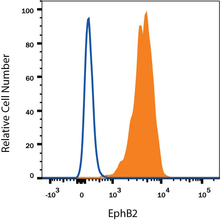 D3 mouse embryonic stem cell line was stained with Goat Anti-Human/Mouse EphB2 Antigen Affinity-purified Polyclonal Antibody (Catalog # AF467, filled histogram) or isotype control antibody (Catalog # AB-108-C, open histogram), followed by Phycoerythrin-conjugated Anti-Goat IgG Secondary Antibody (Catalog # F0107). View our protocol for Staining Membrane-associated Proteins.