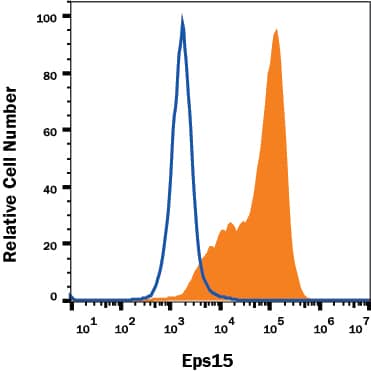 U-118-MG human glioblastoma/astrocytoma cell line was stained with Rabbit Anti-Human Eps15 Monoclonal Antibody (Catalog # MAB8480, filled histogram) or isotype control antibody (Catalog # AB-105-C, open histogram), followed by Allophycocyanin-conjugated Anti-Rabbit IgG Secondary Antibody (Catalog # F0111). To facilitate intracellular staining, cells were fixed and permeabilized with FlowX FoxP3 Fixation & Permeabilization Buffer Kit (Catalog # FC012). View our protocol for Staining Intracellular Molecules.