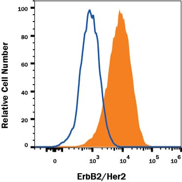 3T3-L1 mouse embryonic fibroblast adipose-like cell line was stained with Rat Anti-Mouse ErbB2/Her2 PE-conjugated Monoclonal Antibody (Catalog # FAB6744P, filled histogram) or isotype control antibody (Catalog # IC005P, open histogram). View our protocol for Staining Membrane-associated Proteins.