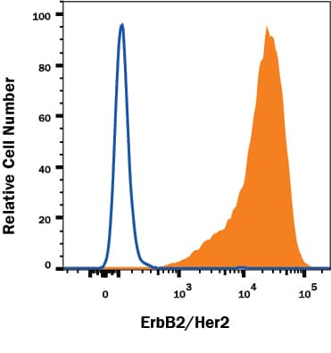 MDA-MB-453 human breast cancer cell line was stained with Mouse Anti-Human ErbB2/Her2 Monoclonal Antibody (Catalog # MAB1129, filled histogram) or isotype control antibody (Catalog # MAB0041, open histogram), followed by Phycoerythrin-conjugated Anti-Mouse IgG Secondary Antibody (Catalog # F0102B). View our protocol for Staining Membrane-associated Proteins.