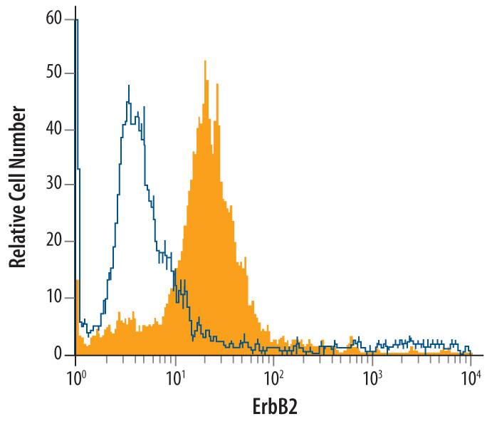 3T3-L1 mouse embryonic fibroblast adipose-like cell line was stained with Rat Anti-Mouse ErbB2/Her2 Monoclonal Antibody (Catalog # MAB6744, filled histogram) or isotype control antibody (Catalog # MAB005, open histogram), followed by Phycoerythrin-conjugated Anti-Rat IgG Secondary Antibody (Catalog # F0105B).