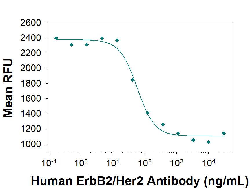 Mouse Anti-Human ErbB2/Her2 (Based on Research Grade Trastuzumab Biosimilar) Monoclonal Antibody (Catalog # MAB9896) inhibits proliferation in the SK-BR-3 human breast cancer cell line as measured by Resazurin (Catalog # AR002). The ED50 for this effect is typically 20-100 ng/mL.