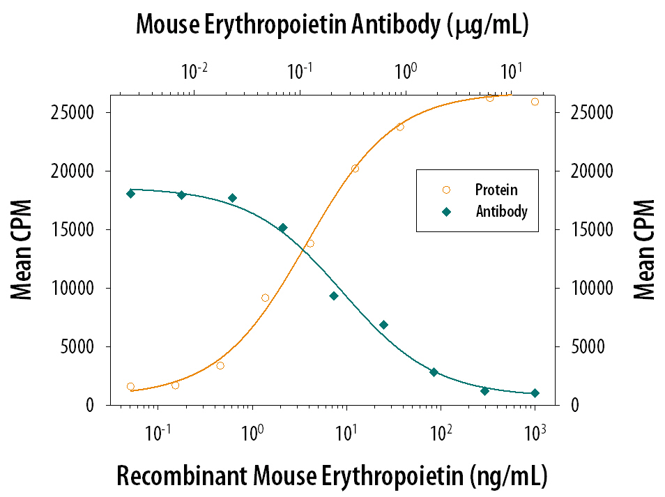 Recombinant Mouse Erythropoietin/EPO (Catalog # 959-ME) stimulates proliferation in the TF-1 human erythroleukemic cell line in a dose-dependent manner (orange line). Proliferation elicited by Recombinant Mouse Erythropoietin/EPO (40 ng/mL) is neutralized (green line) by increasing concentrations of Mouse Erythropoietin/EPO Monoclonal Antibody (Catalog # MAB959). The ND50 is typically 0.2-0.8 µg/mL.