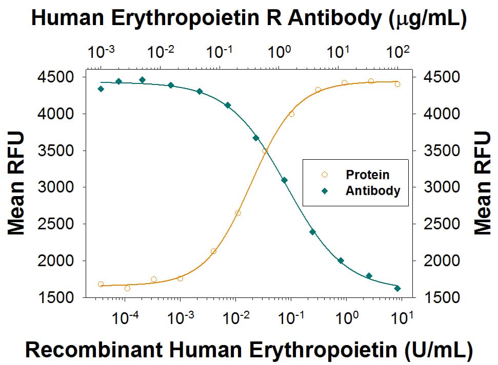 Recombinant Human Erythropoietin (Tissue Culture Grade) (Catalog # 287-TC) induces proliferation in the TF-1 human erythroleukemic cell line in a dose-dependent manner (orange line), as measured by Resazurin (Catalog # AR002). Proliferation elicited by Recombinant Human Erythropoietin (Tissue Culture Grade) (0.278 units/mL) is neutralized (green line) by increasing concentrations of Mouse Anti-Human Erythropoietin R Monoclonal Antibody (Catalog # MAB3073). The ND50 is typically 0.4-2.4 µg/mL.