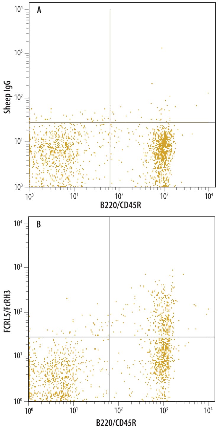 Mouse splenocytes were stained with Sheep Anti-Mouse FCRL5 Antigen Affinity-purified Polyclonal Antibody (Catalog # AF6757) followed by Allophycocyanin-conjugated Anti-Sheep IgG Secondary Antibody (Catalog # F0127) and Rat Anti-Mouse B220/CD45R PE-conjugated Monoclonal Antibody (Catalog # FAB1217P). Quadrant markers were set based on control antibody staining (Catalog # 5-001-A).