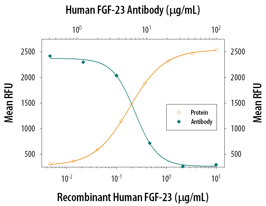In the presence of Recombinant Mouse Klotho (5 µg/mL, Catalog # 1819-KL) and heparin (10 µg/mL), Recombinant Human FGF-23 (Catalog # 2604-FG) stimulates proliferation in the NIH-3T3 mouse embryonic fibroblast cell line in a dose-dependent manner (orange line). Under these conditions, proliferation elicited by Recombinant Human FGF-23 (1 µg/mL) is neutralized (green line) by increasing concentrations of Goat Anti-Human FGF-23 Antigen Affinity-purified Polyclonal Antibody (Catalog # AF2604). The ND50 is typically 5-15 µg/mL.