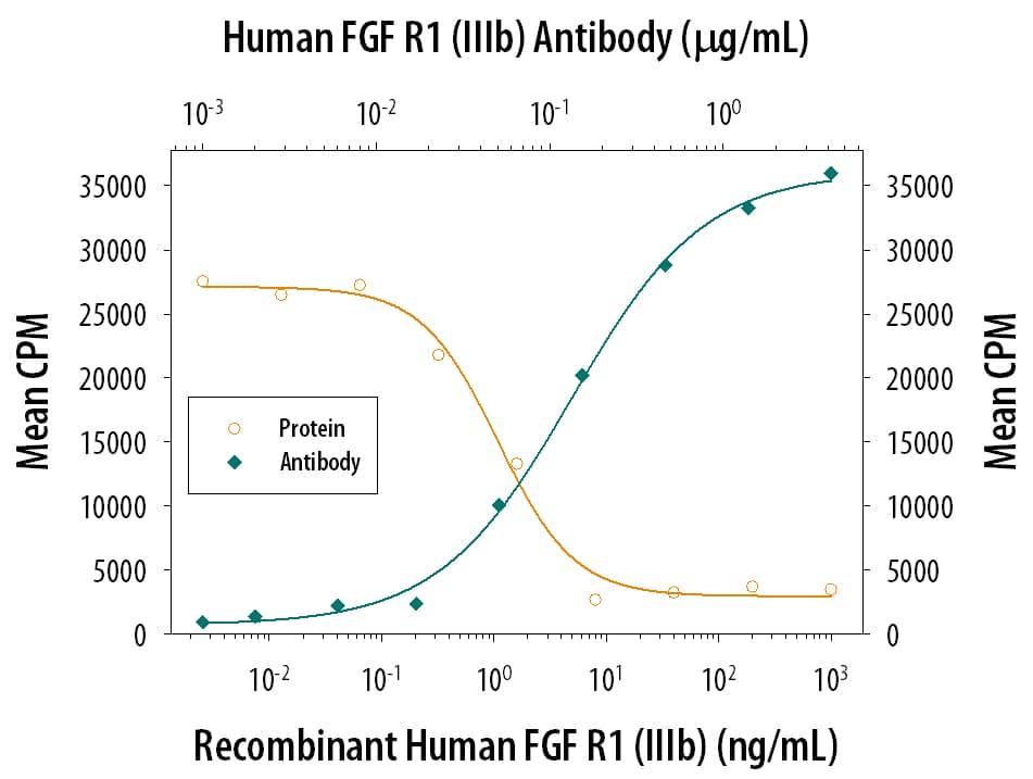 Recombinant Human FGF R1a (IIIb) Fc Chimera (Catalog # 655-FR) inhibits Recombinant Human FGF acidic (Catalog # 232-FA) induced proliferation in the NR6R‑3T3 mouse fibroblast cell line in a dose-dependent manner (orange line). Inhibition of Recombinant Human FGF acidic (0.3 ng/mL) activity elicited by Recombinant Human FGF R1a (IIIb) Fc Chimera (6 ng/mL) is neutralized (green line) by increasing concentrations of Human FGF R1 (IIIb) Monoclonal Antibody (Catalog # MAB765). The ND50 is typically 0.075-0.3 µg/mL in the presence of heparin (10 µg/mL).