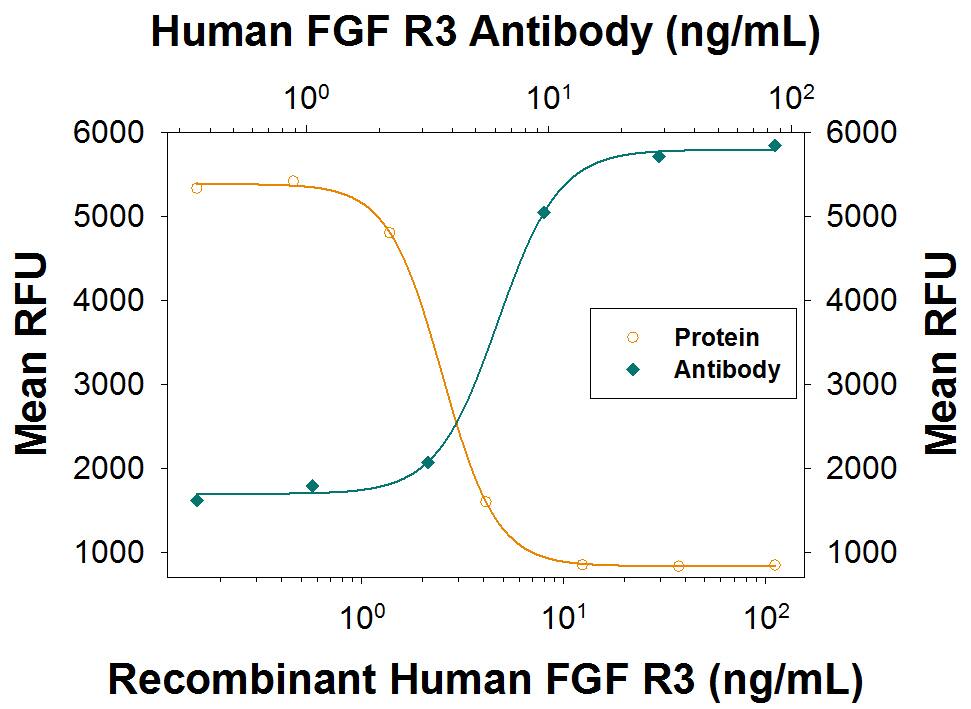 Recombinant Human FGF R3 (IIIc) Fc Chimera (Catalog # 766-FR) inhibits Recombinant Human FGF acidic (Catalog # 232-FA) induced proliferation in the NR6R-3T3 mouse fibroblast cell line in a dose-dependent manner (orange line) as measured by Resazurin (Catalog # AR002) . Inhibition of Recombinant Human FGF acidic (0.3 ng/mL) activity elicited by Recombinant Human FGF R3 (IIIc) Fc Chimera (6 ng/mL) is neutralized (green line) by increasing concentrations of Human FGF R3 Monoclonal Antibody (Catalog # MAB7661). The ND50 is typically 2.5-15 ng/mL in the presence of heparin (10 µg/mL).
