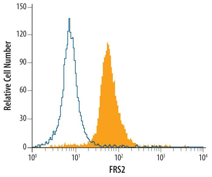 A172 human glioblastoma cell line was stained with Mouse Anti-Human FRS2 Monoclonal Antibody (Catalog # MAB40691, filled histogram) or isotype control antibody (Catalog # MAB0041, open histogram), followed by Allophycocyanin-conjugated Anti-Mouse IgG F(ab')2Secondary Antibody (Catalog # F0101B). To facilitate intracellular staining, cells were fixed with paraformaldehyde and permeabilized with saponin.