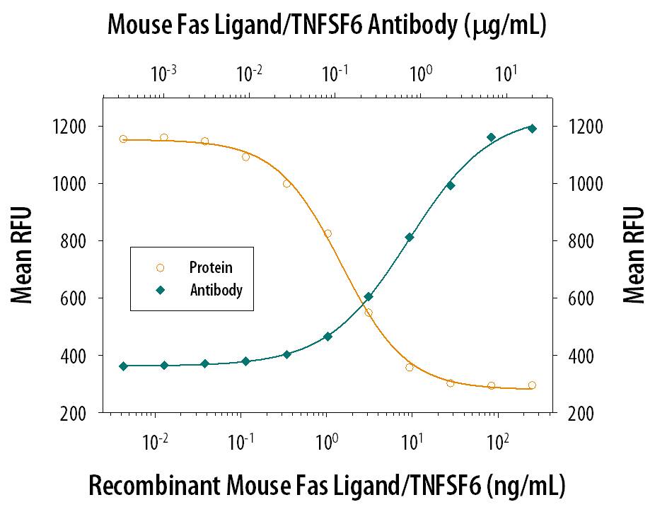 In the presence of a cross-linking antibody, mouse anti-HA Monoclonal Antibody, Recombinant Mouse Fas Ligand/TNFSF6 (Catalog # 6128-SA) induces cytotoxicity in the Jurkat human acute T cell leukemia cell line in a dose-dependent manner (orange line). Under these conditions, cytotoxicity elicited by Recombinant Mouse Fas Ligand/TNFSF6 (10 ng/mL) is neutralized (green line) by increasing concen-trations of Goat Anti-Mouse Fas Ligand/ TNFSF6 Antigen Affinity-purified Polyclonal Antibody (Catalog # AF526). The ND50 is typically 0.125-0.75 µg/mL.