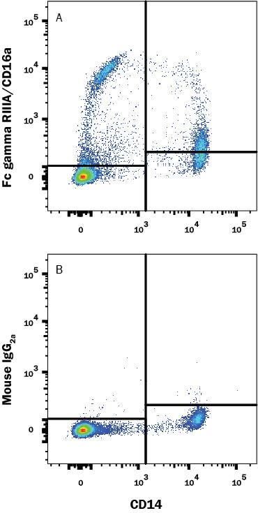 Human peripheral blood mononuclear cells (PBMCs) were stained with (A) Mouse Anti-Human Fc gamma  RIII (CD16) Monoclonal Antibody (Catalog # MAB4325) or (B) Mouse IgG2A isotype control antibody (Catalog # MAB003) followed by Goat anti-Mouse IgG APC-conjugated Secondary Antibody (Catalog # F0101B) and Mouse anti-Human CD14 PE-conjugated Monoclonal Antibody (Catalog # FAB3832P). View our protocol for Staining Membrane-associated Proteins.