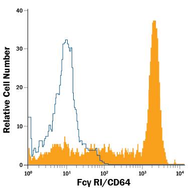 Human peripheral blood monocytes were stained with Mouse Anti-Human Fc gamma RI/CD64 PE-conjugated Monoclonal Antibody (Catalog # FAB12571P, filled histogram) or isotype control antibody (Catalog # IC002P, open histogram). View our protocol for Staining Membrane-associated Proteins.