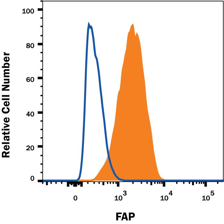 WI-38 human lung fibroblast cell line was stained with Mouse Anti-Human Fibroblast Activation Protein a/FAP Alexa Fluor® 594-conjugated Monoclonal Antibody (Catalog # FAB3715T, filled histogram) or isotype control antibody (Catalog # IC002T, open histogram). View our protocol for Staining Membrane-associated Proteins.