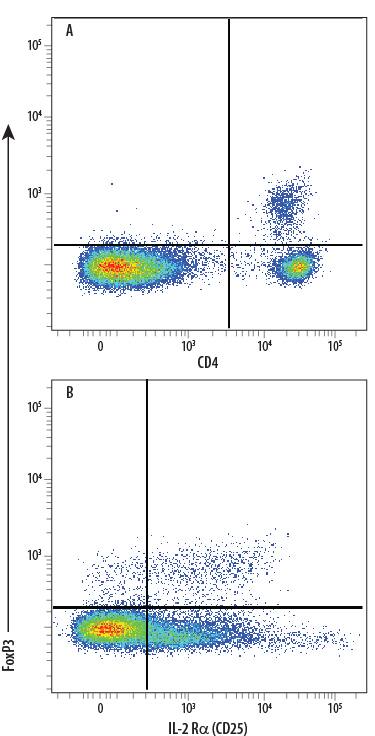 C57BL/6 mouse splenocyte natural regulatory T cells (Tregs) were surface stained with (A) Rat Anti-Mouse CD4 APC-conjugated Monoclonal Antibody (Catalog # FAB554A) and (B) Rat Anti-Mouse IL-2 Ra (CD25) APC-conjugated Monoclonal Antibody (Catalog # FAB2438A) followed by intracellular staining using Rabbit Anti-Human/Mouse FoxP3 PE-conjugated Monoclonal Antibody (Catalog # IC8214P). To facilitate intracellular staining, cells were fixed and permeabilized with FlowX FoxP3 Fixation & Permeabilization Buffer Kit (Catalog # FC012). Cells were gated on lymphocytes.