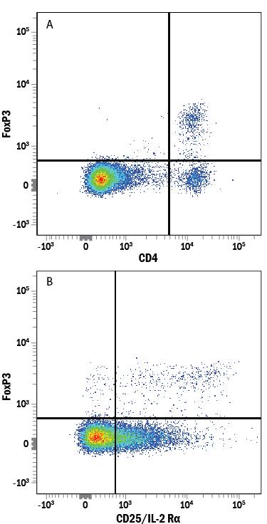C57BL/6 mouse splenocyte natural regulatory T cells (Tregs) were surface stained with (A) Rat Anti-Mouse CD4 PE-conjugated Monoclonal Antibody (Catalog # FAB554P) and (B) Rat Anti-Mouse IL-2 Ra (CD25) PE-conjugated Monoclonal Antibody (Catalog # FAB2438P) followed by intracellular staining using Rabbit Anti-Human/Mouse FoxP3 Alexa Fluor® 647-conjugated Monoclonal Antibody (Catalog # IC8214R). To facilitate intracellular staining, cells were fixed and permeabilized with FlowX FoxP3 Fixation & Permeabilization Buffer Kit (Catalog # FC012). Cells were gated on lymphocytes.