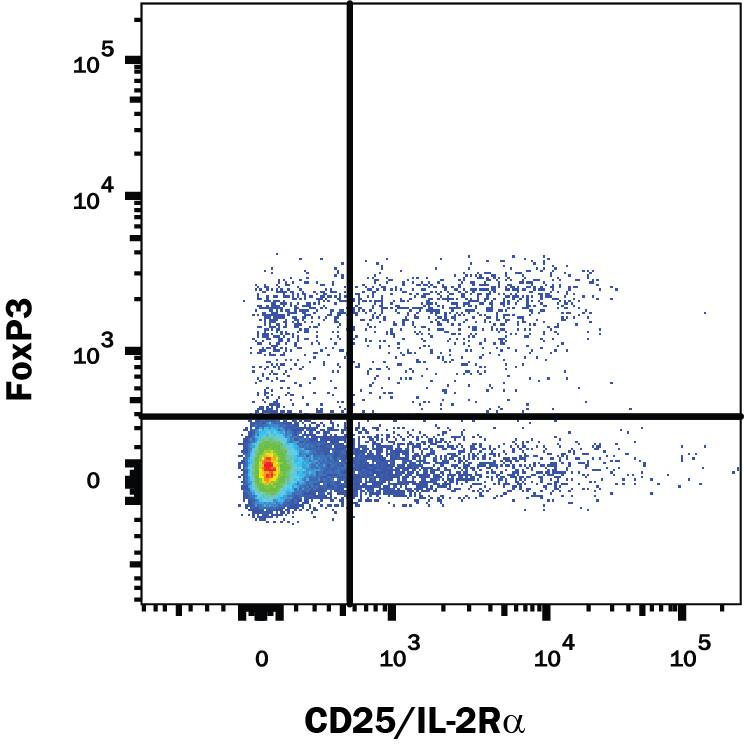 Mouse splenocytes were stained with Mouse Anti-Human/Mouse/Rat FoxP3 Alexa Fluor® 647-conjugated Monoclonal Antibody (Catalog # IC8970R) and Rat Anti-Mouse CD25/IL-2 R alpha PE-conjugated Monoclonal Antibody (Catalog # FAB2438P). Quadrant markers were set based on control antibody staining (Catalog # IC002R). To facilitate intracellular staining, cells were fixed and permeabilized with FlowX FoxP3 Fixation & Permeabilization Buffer Kit (Catalog # FC012). View our protocol for Staining Intracellular Molecules.