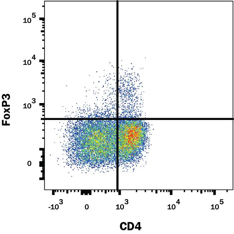 Human peripheral blood mononuclear cells (PBMCs) were stained with Mouse Anti-Human/Mouse/Rat FoxP3 Monoclonal Antibody (Catalog # MAB8970) followed by Phycoerythrin-conjugated Anti-Mouse IgG Secondary Antibody (Catalog # F0102B) and Mouse Anti-Human CD4 APC-conjugated Monoclonal Antibody (Catalog # FAB3791A). Quadrant markers were set based on control antibody staining (Catalog # MAB002). To facilitate intracellular staining, cells were fixed and permeabilized with FlowX FoxP3 Fixation & Permeabilization Buffer Kit (Catalog # FC012).