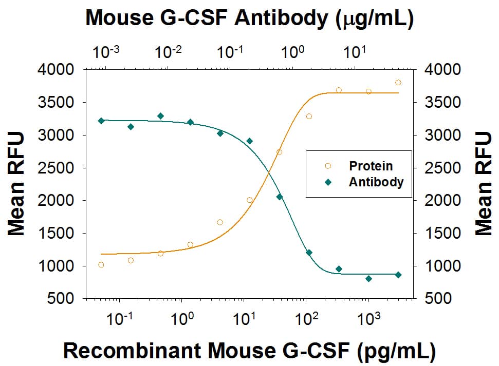 Recombinant Mouse G-CSF (Catalog # 414-CS) stimulates proliferation in the NFS-60 mouse myeloid cell line in a dose-dependent manner (orange line), as measured by Resazurin (Catalog # AR002). Proliferation elicited by Recombinant Mouse G-CSF (0.125 ng/mL) is neutralized (green line) by increasing concentrations of Goat Anti-Mouse G-CSF Polyclonal Antibody (Catalog # AB-414-NA). The ND50 is typically <1 µg/mL.