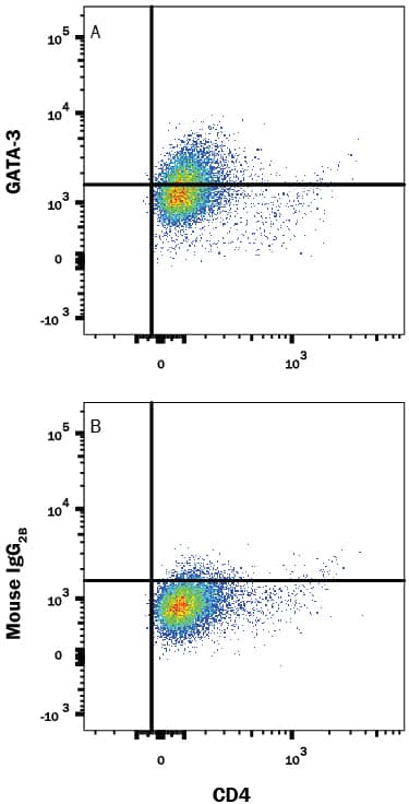Th2-stimulated human peripheral blood mononuclear cells (PBMCs) were stained with Mouse Anti-Human CD4 Alexa Fluor® 700-conjugated Monoclonal Antibody (Catalog # FAB3791N) and either (A) Mouse Anti-Human GATA-3 Alexa Fluor® 594-conjugated Monoclonal Antibody (Catalog # IC63301T) or (B) Mouse IgG2BAlexa Fluor 594 Isotype Control (Catalog # IC0041T). To facilitate intracellular staining, cells were fixed and permeabilized with FlowX FoxP3 Fixation & Permeabilization Buffer Kit (Catalog # FC012). View our protocol for Staining Intracellular Molecules.