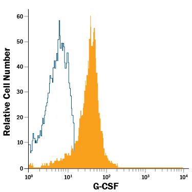 Human macrophages treated with LPS, TNF-a and IL-1 beta  was stained with Mouse Anti-Human G-CSF APC-conjugated Monoclonal Antibody (Catalog # IC2141A, filled histogram) or isotype control antibody (Catalog # IC002A, open histogram). View our protocol for Staining Intracellular Molecules.