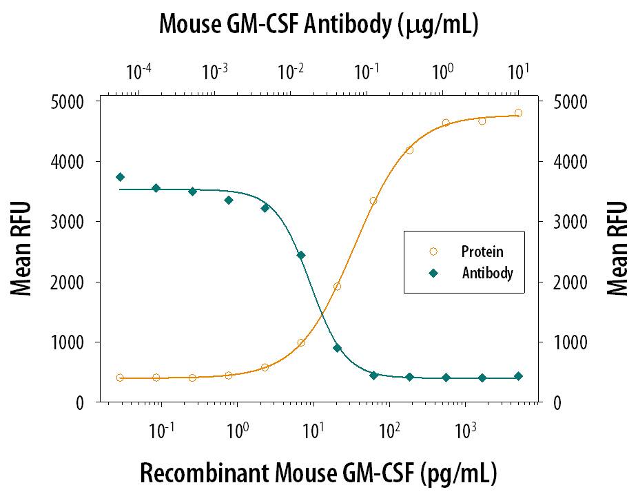 Recombinant Mouse GM-CSF (Catalog # 415-ML) stimulates proliferation in the DA3 mouse myeloma cell line in a dose-dependent manner (orange line). Proliferation elicited by Recombinant Mouse GM-CSF (0.1 ng/mL) is neutralized (green line) by increasing concentrations of Goat Anti-Mouse GM-CSF Polyclonal Antibody (Catalog # AB-415-NA). The ND50 is typically 0.01-0.05 µg/mL.
