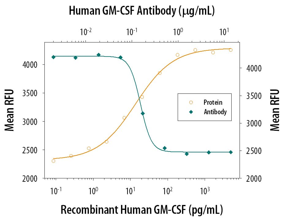 Recombinant Human GM-CSF (Catalog # 215-GM) stimulates proliferation in the TF-1 human erythroleukemic cell line in a dose-dependent manner (orange line). Proliferation elicited by Recombinant Human GM-CSF (0.5 ng/mL) is neutralized (green line) by increasing concentrations of Goat Anti-Human GM-CSF Antigen Affinity-purified Polyclonal Antibody (Catalog # AF-215-NA). The ND50 is typically 0.08-0.16 µg/mL.