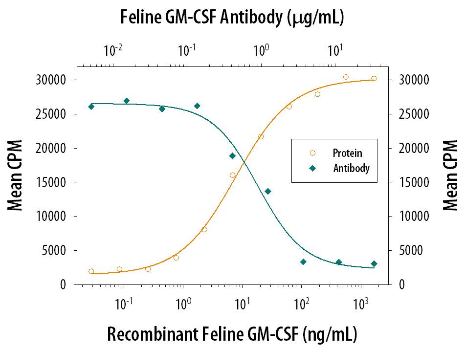 Recombinant Feline GM-CSF (Catalog # 987-FL) stimulates proliferation in the TF-1 human erythroleukemic cell line in a dose-dependent manner (orange line). Proliferation elicited by Recombinant Feline GM-CSF (50 ng/mL) is neutralized (green line) by increasing concen-trations of Goat Anti-Feline GM-CSF Antigen Affinity-purified Polyclonal Antibody (Catalog # AF987). The ND50 is typically 0.5-2.0 µg/mL.
