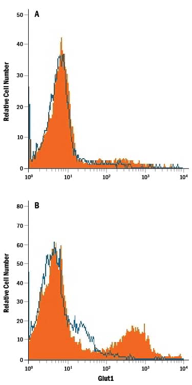 Jurkat human acute T cell leukemia cell line either (A) untreated or (B) cultured in nutrient-depleted media was stained with Mouse Anti-Human Glut1 PE-conjugated Monoclonal Antibody (Catalog # FAB1418P, filled histogram) or isotype control antibody (Catalog # IC0041P, open histogram). View our protocol for Staining Membrane-associated Proteins.