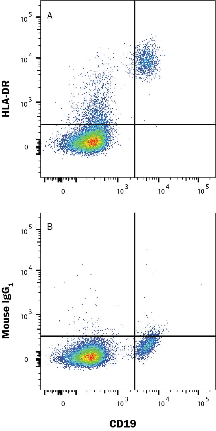 Human peripheral blood lymphocytes were stained with (A) Mouse Anti-Human HLA-DR PerCP-conjugated Monoclonal Antibody (Catalog # FAB4869C) or (B) isotype control antibody (Catalog # IC002C) and Mouse anti-Human CD19 CFS-conjugated Monoclonal Antibody (Catalog # FAB4867F). View our protocol for Staining Membrane-associated Proteins.