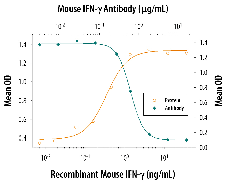 Recombinant Mouse IFN-gamma (Catalog # 485-MI) reduces the Encephalomyocarditis Virus (EMCV)-induced cytopathy in the L-929 mouse fibroblast cell line in a dose-dependent manner (orange line), as measured by crystal violet staining. Inhibition of EMCV activity elicited by Recombinant Mouse IFN-gamma (2.5 ng/mL) is neutralized (green line) by increasing concentrations of Goat Anti-Mouse IFN-gamma Antigen Affinity-purified Polyclonal Antibody (Catalog # AF-485-NA). The ND50 is typically 0.2-1.0 µg/mL.