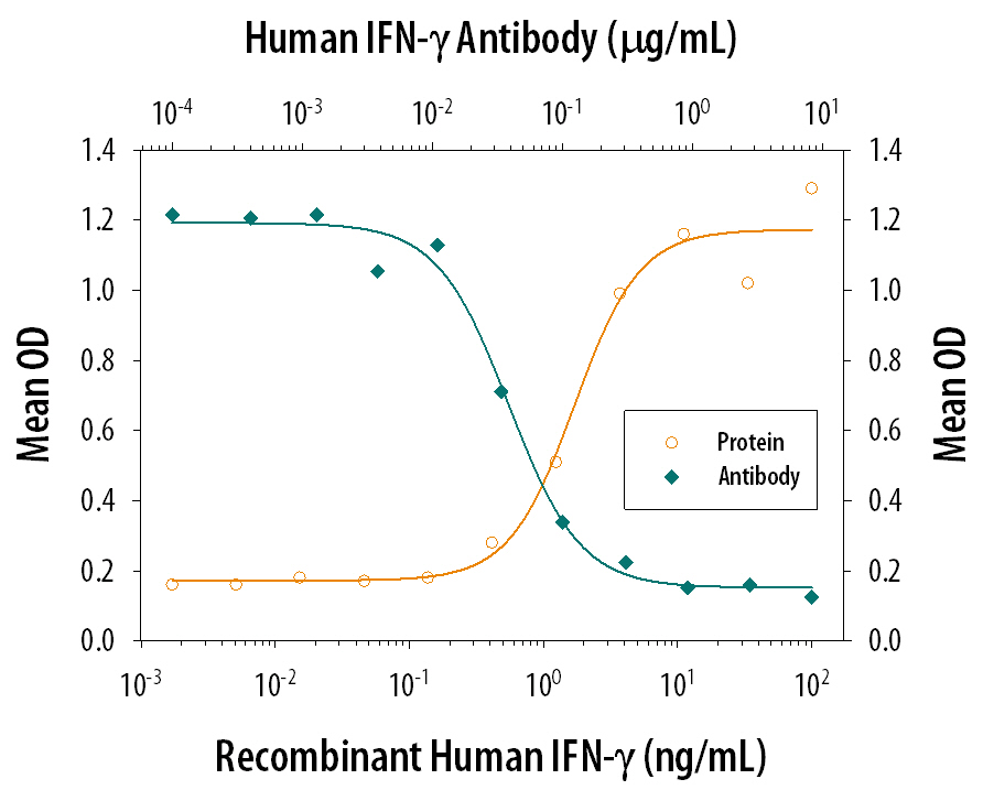 Recombinant Human IFN-gamma  (Catalog # 285-IF) reduces the Encephalomyocarditis Virus (EMCV)-induced cytopathy in the HeLa human cervical epithelial carcinoma cell line in a dose-dependent manner (orange line), as measured by crystal violet staining. Inhibition of EMCV activity elicited by Recombinant Human IFN-gamma  (1 ng/mL) is neutralized (green line) by increasing concentrations of Human IFN-gamma  Monoclonal Antibody (Catalog # MAB285). The ND50 is typically 0.02-0.06 µg/mL.