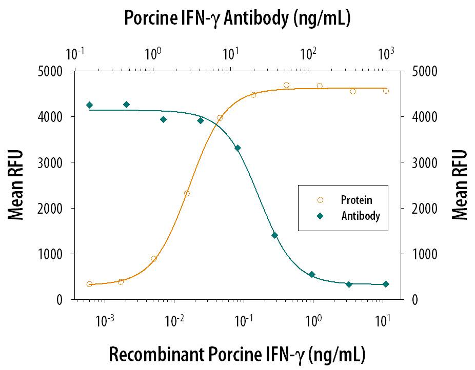 Recombinant Porcine IFN-gamma (Catalog # 985-PI) reduces the Encephalo-myocarditis Virus (EMCV)-induced cytopathy in the PK-15 porcine kidney epithelial cell line in a dose-dependent manner (orange line), as measured by Resazurin (Catalog # AR002). Inhibition of EMCV activity elicited by Recombinant Porcine IFN-gamma (0.2 ng/mL) is neutralized (green line) by increasing concentrations of Mouse Anti-Porcine IFN-gamma Monoclonal Antibody (Catalog # MAB9851). The ND50 is typically 15-60 ng/mL.