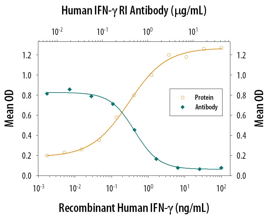 Recombinant Human IFN-gamma (Catalog # 285-IF) reduces the Encephalomyocarditis Virus (EMCV)-induced cytopathy in the HeLa human cervical epithelial carcinoma cell line in a dose-dependent manner (orange line). Inhibition of EMCV activity elicited by Recombinant Human IFN-gamma (2 ng/mL) is neutralized (green line) by increasing concentrations of Goat Anti-Human IFN-gamma R1/CD119 Antigen Affinity-purified Polyclonal Antibody (Catalog # AF673). The ND50 is typically 0.5-2 µg/mL.