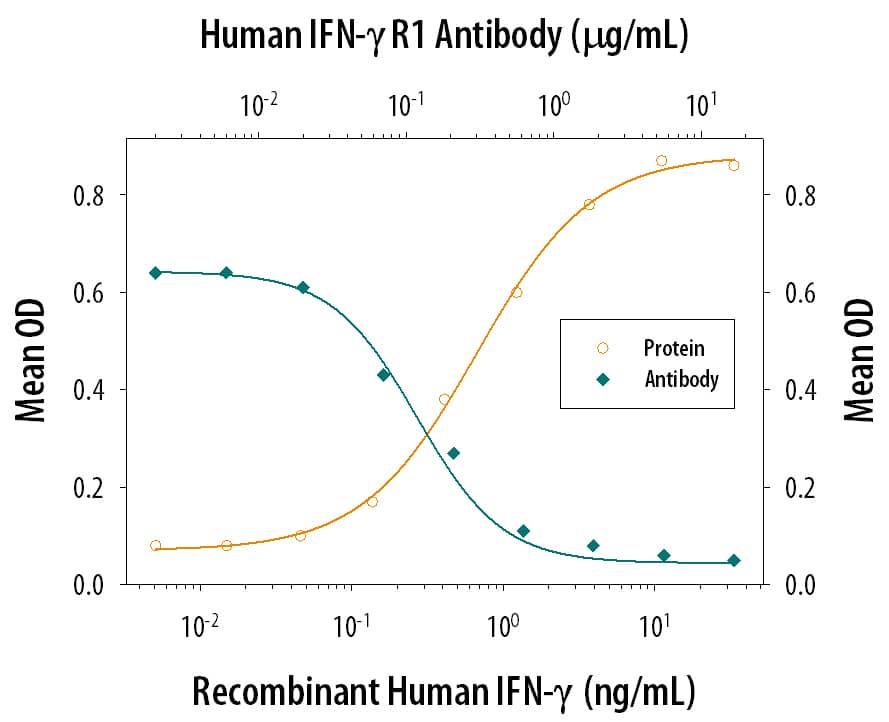 Recombinant Human IFN-gamma (Catalog # 285-IF) reduces the Encephalomyocarditis Virus (EMCV)-induced cytopathy in the HeLa human cervical epithelial carcinoma cell line in a dose-dependent manner (orange line). Inhibition of EMCV activity elicited by Recombinant Human IFN-gamma (2 ng/mL) is neutralized (green line) by increasing concentrations of Mouse Anti-Human IFN-gamma R1/CD119 Mono-clonal Antibody (Catalog # MAB6732). The ND50 is typically 0.03-0.15 µg/mL.